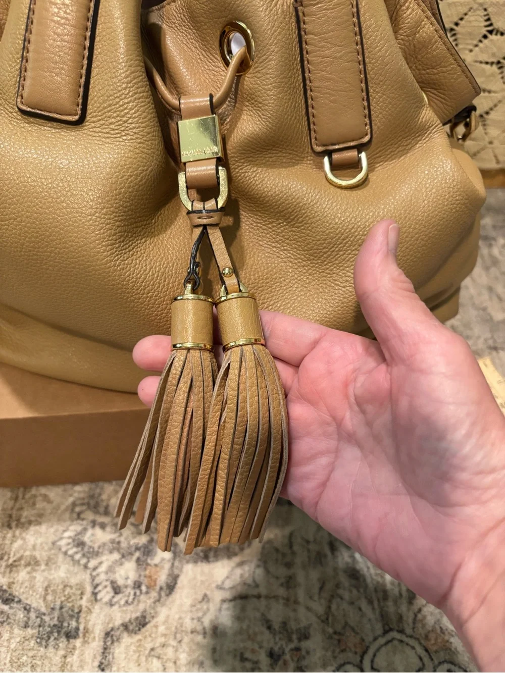 Women’s Tassel Drawstring Satchel Bag in Tan - Stylish Everyday Handbag
